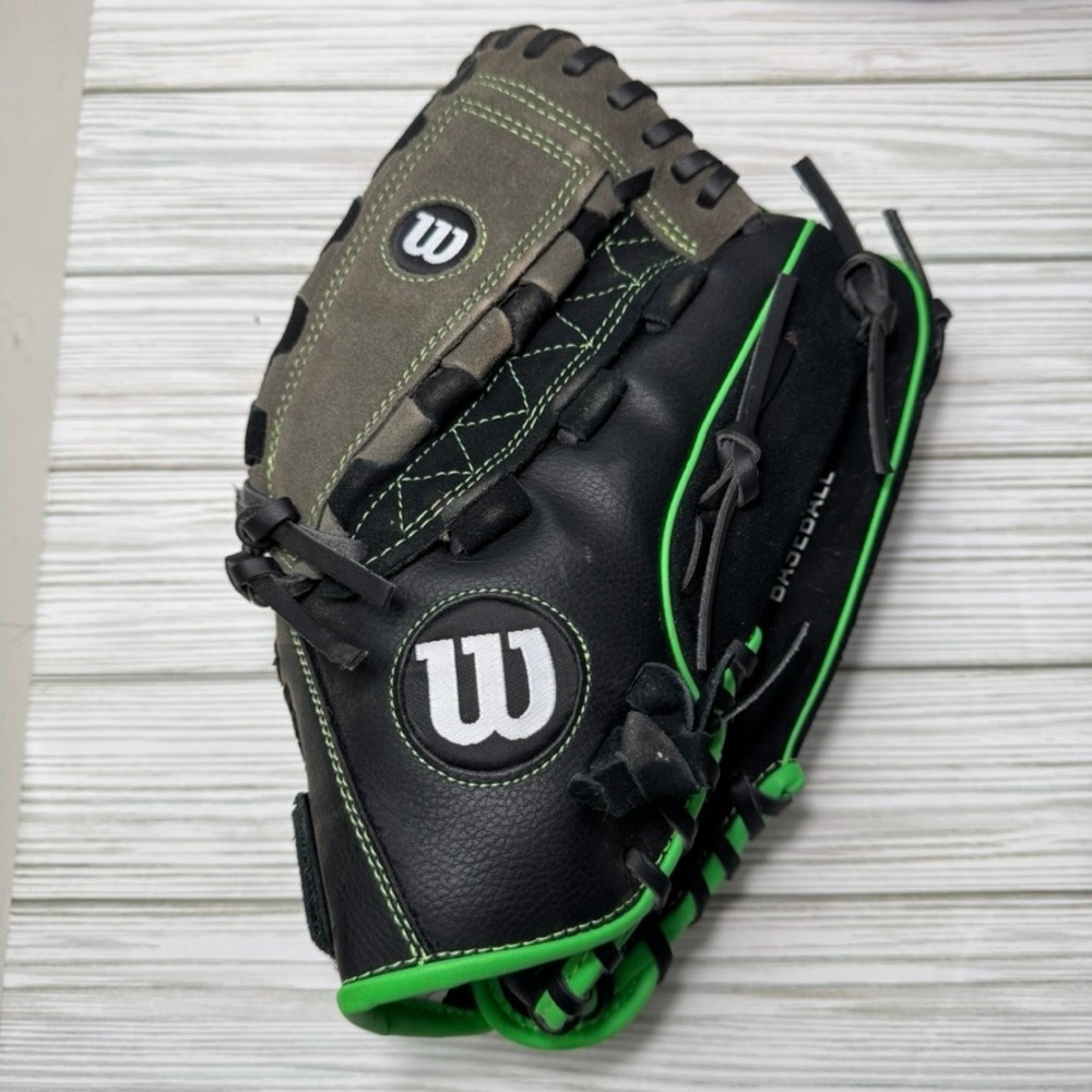 Wilson A350 12 Inch Baseball Glove Black Neon Green Leather A03RB15B512LG RHT